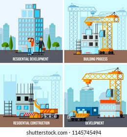 Sky scraper construction flat design concept with house building process and residential development isolated vector illustration