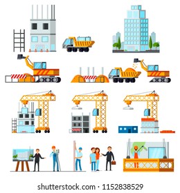 Sky Scraper Construction Set Of Flat Icons With Stages Of Building Process Isolated Vector Illustration 