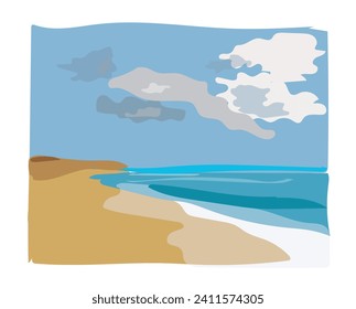 Sky and  sea background, ocean and beach vector island scenery empty flat cartoon. Ocean or sea water with waves and clouds in sky, summer blue seascape with cloudy sky and seaside SHOTLISTtravel.