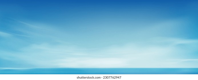 Sky Sea With Blue Ocean And Beach Background. Horizon Cloud On Sunny Water, Clear Day With Calm Afternoon And Morning Sunrise, White Soft Light For Summer Nature, Travel Banner And Seascape.