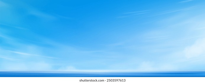 Sky Sea With Blue Ocean And Beach Background. Horizon Cloud On Sunny Water, Clear Day With Calm Afternoon And Morning Sunrise, White Soft Light For Summer Nature, Travel Banner And Seascape.