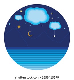 El diseño de las vistas nocturnas al cielo, al mar y a las nubes. Buenas noches.