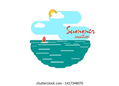 
sky, sea, clouds, sun, ship, the inscription summer vacation on a white background