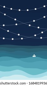 Sky, sea and ship. Drawing illustration, stars, waves, night, nejm, paper ship on the sea, blue tones, dusk, calmness, vast.