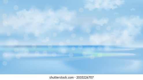 Cielo y mar. Nubes blancas en el cielo azul sobre el mar tranquilo. Cielo soleado y océano azul. Mar brillante con nubes en el horizonte. Fondo paisajístico. Fondo marino. Cartel. Ilustración del vector