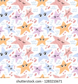 Sky seamless pattern background with cute stars, doodle stars. Doodle hand drawn illustration. Ready-to-print design template. Vector illustration.