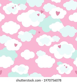 Sky seamless pattern with clouds, hearts in pastel colors. Kids cartoon vector background. Great for party decoration, baby fabric, textile, wallpaper, nursery room, scrapbooking or wrapping paper. 