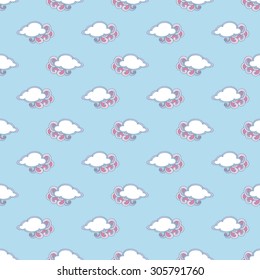 Sky seamless pattern, cute clouds on the blue background