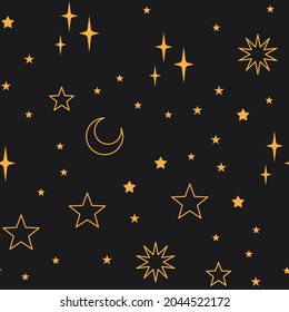 Sky seamless pattern with Mystical and Astrology elements, Space objects, planet, constellation, moon, stars, sun. Astronomy themed background texture. Starry motive.