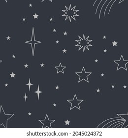 Sky seamless pattern with Mystical and Astrology elements, Space objects, planet, constellation, moon, stars, sun. Astronomy themed background texture. Starry motive.