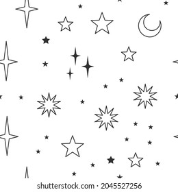 Sky seamless pattern with Mystical and Astrology elements, Space objects, planet, constellation, moon, stars, sun. Astronomy themed background texture. Starry motive.