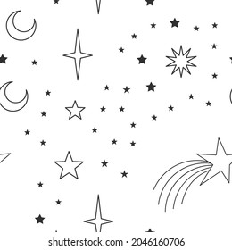 Ein nahtloses Muster mit Elementen aus Mystik und Astrologie, Weltraumobjekten, Planeten, Sternbildern, Sternen, Sonne. Astronomische Hintergrundtextur. Trauriges Motiv.