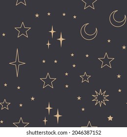 Sky seamless pattern with Mystical and Astrology elements, Space objects, planet, constellation, moon, stars, sun. Astronomy themed background texture. Starry motive.