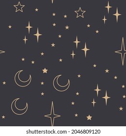 Patrón ininterrumpido del cielo con elementos místicos y astrológicos, objetos espaciales, planeta, constelación, luna, estrellas, sol. Textura de fondo con temática astronómica. Motivo estrellado.
