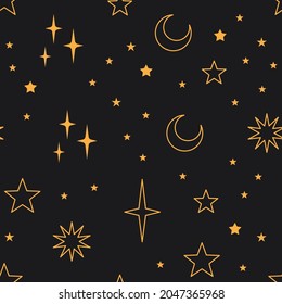Sky seamless pattern with Mystical and Astrology elements, Space objects, planet, constellation, moon, stars, sun. Astronomy themed background texture. Starry motive.