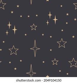 Sky seamless pattern with Mystical and Astrology elements, Space objects, planet, constellation, moon, stars, sun. Astronomy themed background texture. Starry motive.