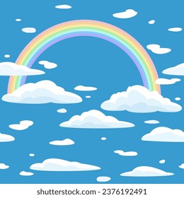 Sky seamless pattern. Rainbow and clouds. Vector illustration for prints, wallpapers.