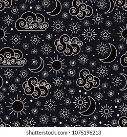 Sky seamless pattern with stars clouds sun and moon Black and White