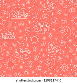 Sky seamless pattern with stars clouds sun and moon Trendy Coral red color