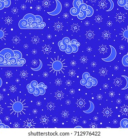 Sky seamless pattern with stars clouds sun and moon Vector