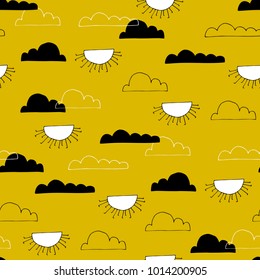 Sky seamless pattern with sun and clouds. Vector bright background. Can be used for wallpaper, children fashion, stationery, scrapbooking, home decor and textile, fabric prints.