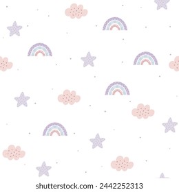 Patrón de vector sin fisuras del cielo con el arco iris dibujado a mano lindo, la nube y la estrella tema doodle elementos. Fondo infantil divertido para el papel de embalaje, embalaje, regalo, tela, papel pintado, textil, ropa.