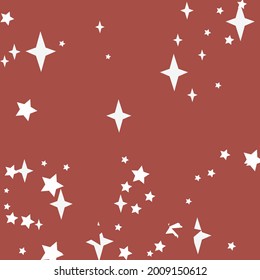 Sky Sharp Bright Four-pointed Magic Ornament. Night Stars Snow White Holiday Background. Color Chaotic Winter Santa Print Background. New Year Retro Mystery Red Christmas Composition.