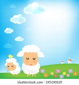 Sky and sheep with grass wind mill background 