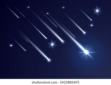 Sky shooting stars with trails, realistic falling comets and meteors. 3d vector asteroids and bolides with luminous traces streak across night heaven in mesmerizing spectacle of celestial phenomenon