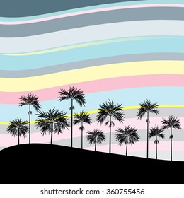 sky and silhouette of palm trees.