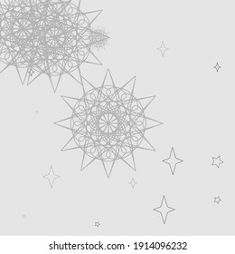 Sky Silver Chaotic White Gray Wallpaper. Christmas Snow Monochrome New Year Holiday Ornament. Grey Magic Winter Mandala Snowflake Composition. Soft Pastel Cozy Stars Mystery Cold Illustration.