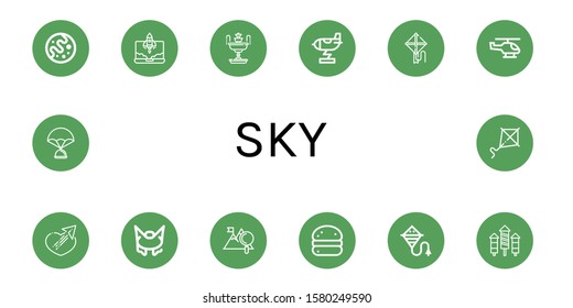 sky simple icons set. Contains such icons as Mars, Rocket, Fountain, Kite, Helicopter, Sending, Bungee jumping, Mountain, Bola de berlim, can be used for web, mobile and logo