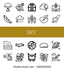 sky simple icons set. Contains such icons as Parachute, Flying, Cloud, Storm, Observatory, Rocket, Sending, Algarve, Helicopter, Airplane, can be used for web, mobile and logo