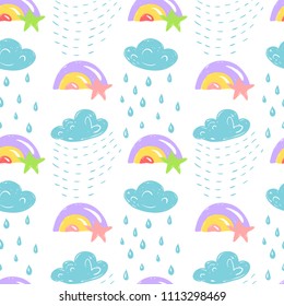 Sky simple sketh drawn by hand seamless pattern in cartoon style with cloud, umbrella, rain, star and rainbow. For wallpapers, web background, textile, wrapping, fabric, kids design