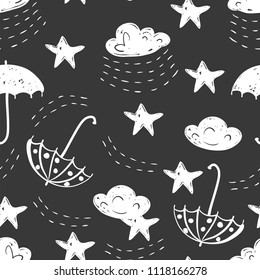 Sky simple sketh drawn by hand seamless pattern in cartoon style with cloud, umbrella, rain, star. For wallpapers, web background, textile, wrapping, fabric, kids design