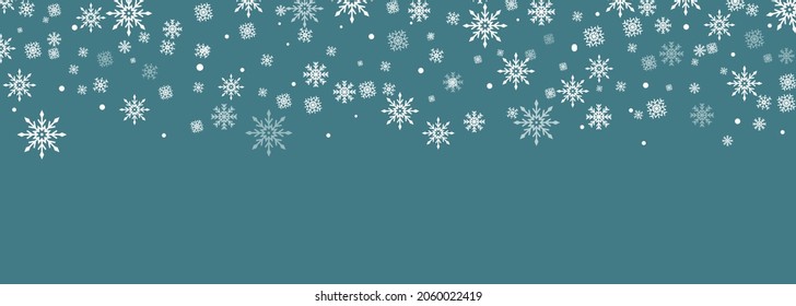 Sky Snowfall Banner. Snowflakes in different shapes and forms. White snowflakes flying in the air. 