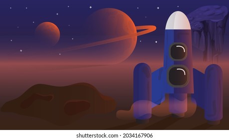 Sky, Space and planet with rocket or spaceship concept illustration. Sci-fi, moon and space vector graphic background.