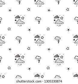 Sky Space Seamless Pattern. Hand Drawn Doodle Rain Clouds with Thunder Lightning Bolts and Stars Black and White Background.