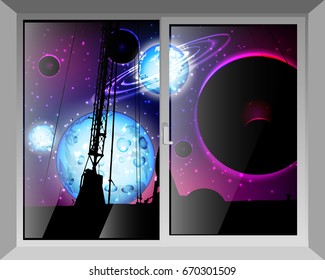 Sky and space. View through the window, antennas and roofs of buildings. Concept of communication with extraterrestrial tsivilization. Illustration for your design.