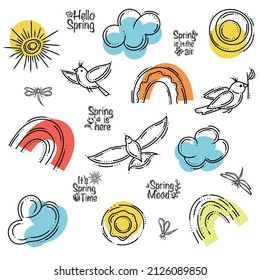 Sky Spring Set With Sun, Rainbows, Clouds, Birds, and Dragonflies