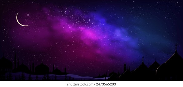 Sky Starry Night,Ramadan Background with Dome Mosques,Crescent moon,Star,Universe Space Galaxy with Milky Way landscape.Islamic for Ramadan Kareem,Eid Mubarak,Eid al adha,Eid al fitr,New Year Muharram