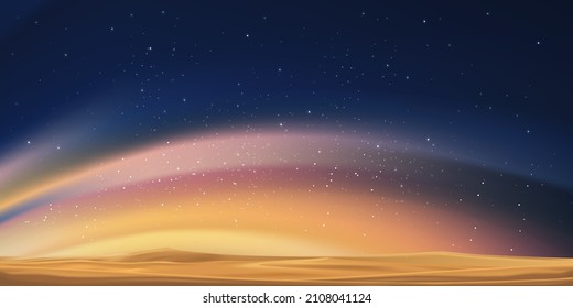 Sky Starry Night,Ramadan Background Sunset with Desert Sand Dune,Beautiful Universe Space of Galaxy with Milky Way landscape.Vector Islamic for Ramadan Kareem,Eid Mubarak,Eid al adha,Eid al fitr
