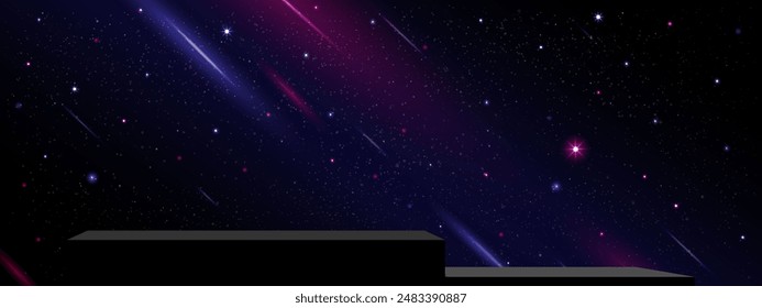 Sky Starry Universe Hintergrund,Schwarzer 3D Podeststand auf Galaxie Weltraum, Wolke mit Nebel,Sterne in der Winternacht,Natur Sternenstaub Milchstraße,Banner für Weihnachtsmusiken ,Neues Jahr,Schwarzer Freitag


