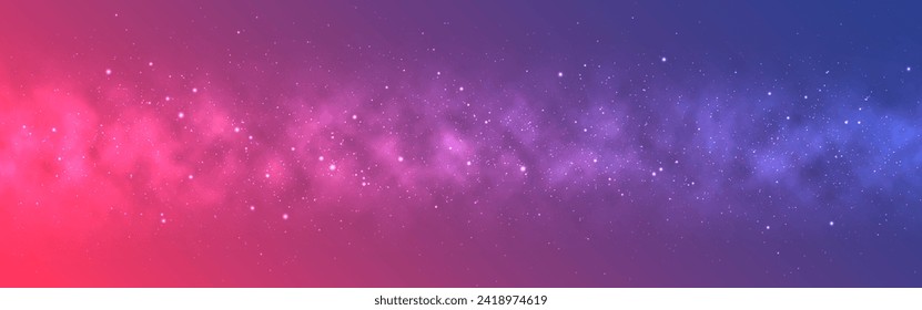 Sky stars. Magic color milky way. Starry galaxy. Cosmic stardust effect. Bright glowing universe. Wide space texture for poster, banner or website. Vector illustration. Vektor Stok