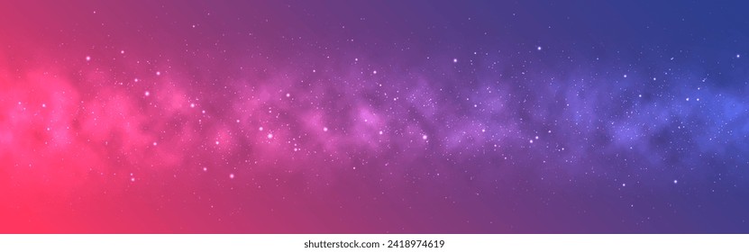 Sky stars. Magic color milky way. Starry galaxy. Cosmic stardust effect. Bright glowing universe. Wide space texture for poster, banner or website. Vector illustration.