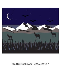Cielo con estrellas y luna. Con montañas de animales, pájaros y hierba. Terreno de montaña. Antecedentes abstractos. Ilustración del vector
