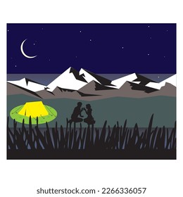 Sky with stars and moon tent and silhouettes of people. Complete with mountains and grass. Mountain terrain. Abstract background. Vector illustration