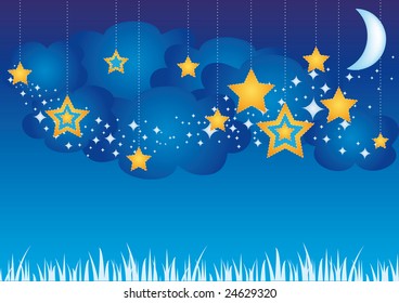 Sky with stars pendants and clouds, elements for your design.