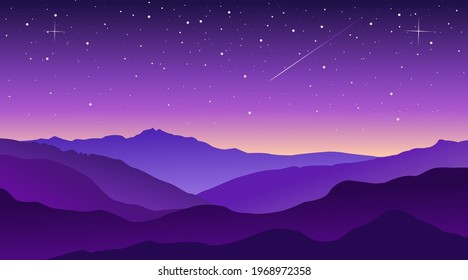 Sky With Stars. And Silhouette Mountain Landscape, Sunset Sky, Stardust. Vector Illustration
