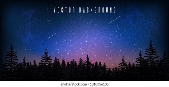 Sky With Stars. Starry Sky With Forest, Tree Tops Landskape, Sunset Sky, Stardust And Clouds. Vector Illustration